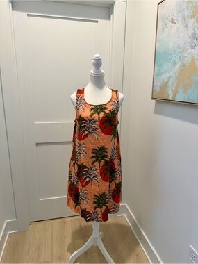 Nicole Miller Orange Palm Print Sleeveless Dress 100% linen M shift dress a line